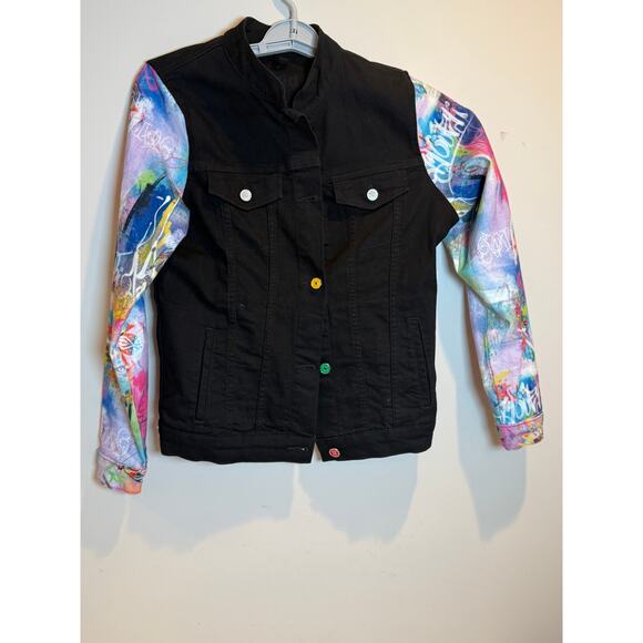 Áy Güey! Black Denim Jacket w/ Graffiti Sleeves | Women’s M - Picture 1 of 4